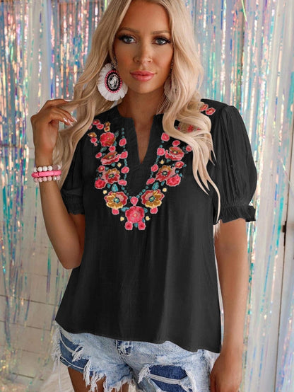 Floral Embroidered Split Neck Puff Sleeve Top