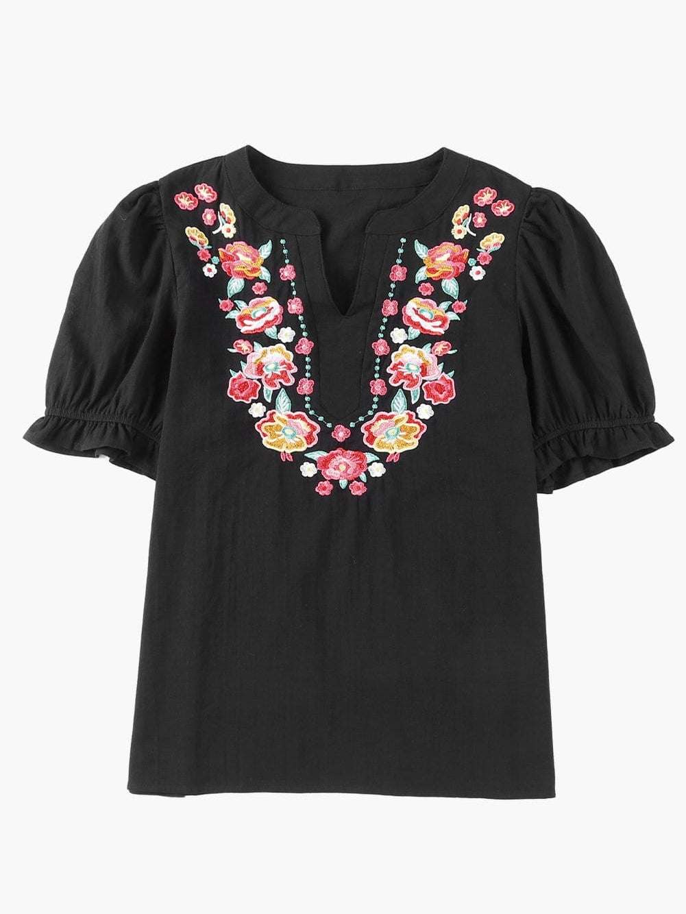 Floral Embroidered Split Neck Puff Sleeve Top