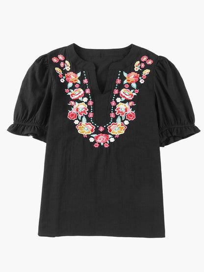 Floral Embroidered Split Neck Puff Sleeve Top