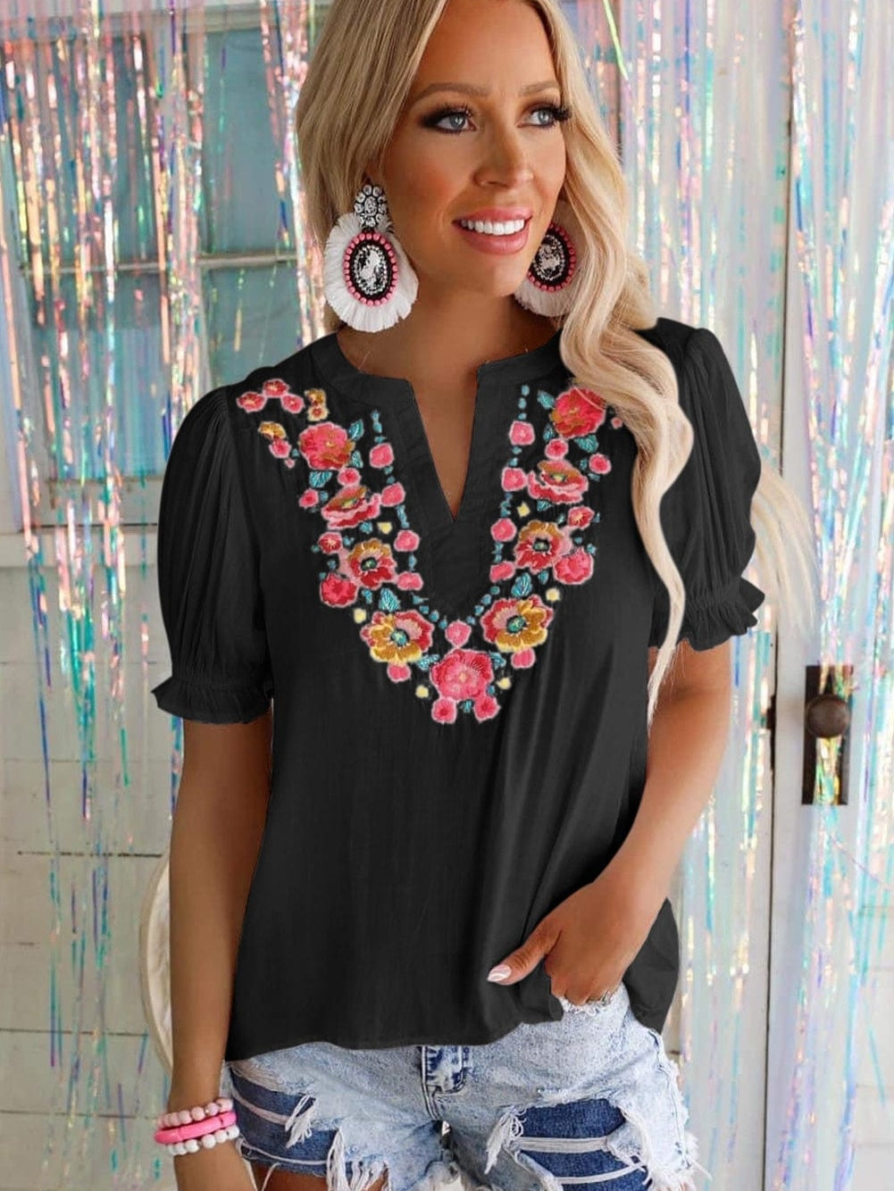 Floral Embroidered Split Neck Puff Sleeve Top