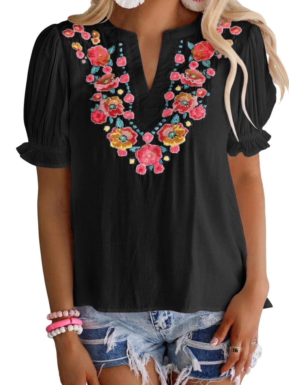 Floral Embroidered Split Neck Puff Sleeve Top