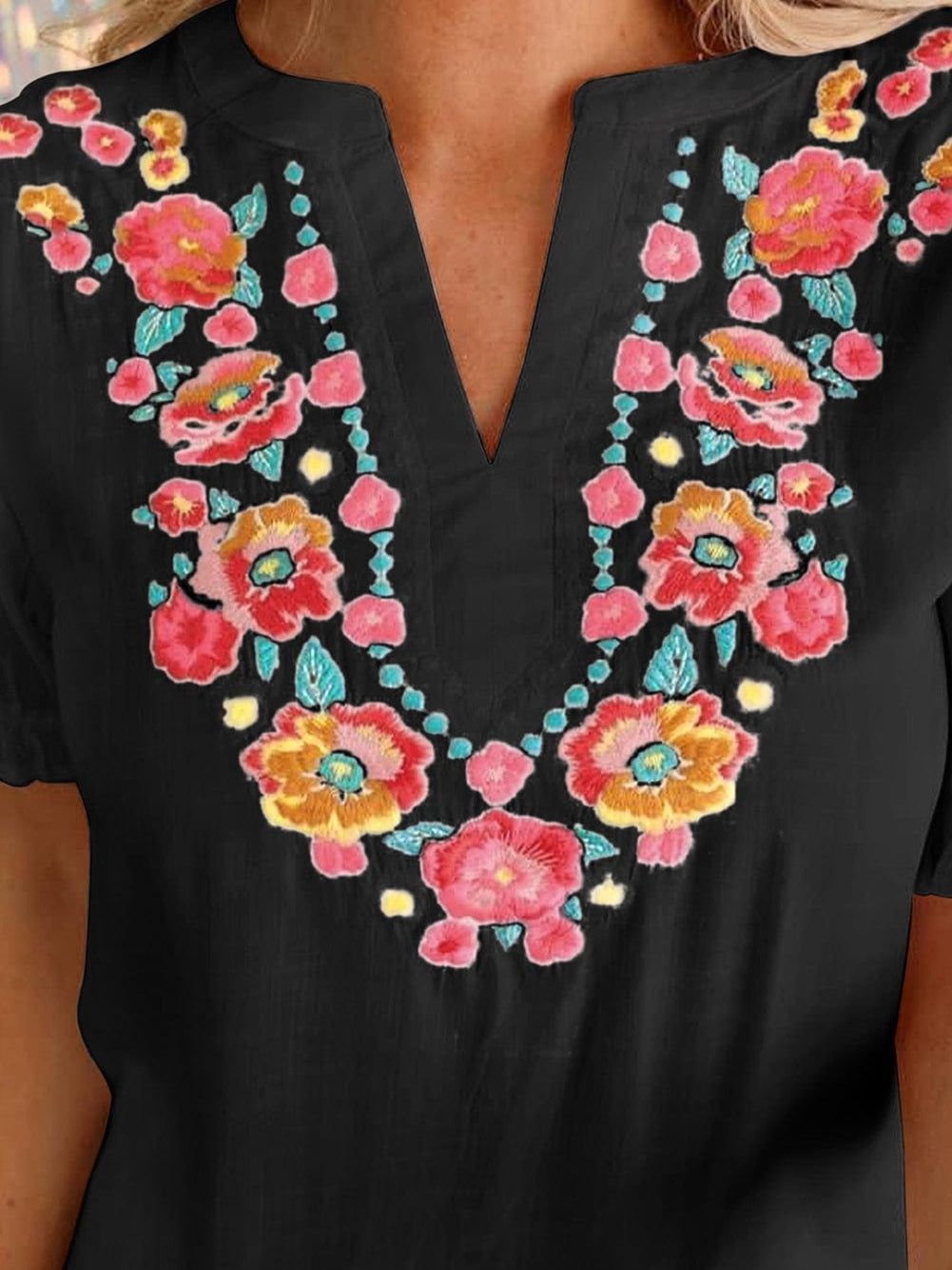 Floral Embroidered Split Neck Puff Sleeve Top