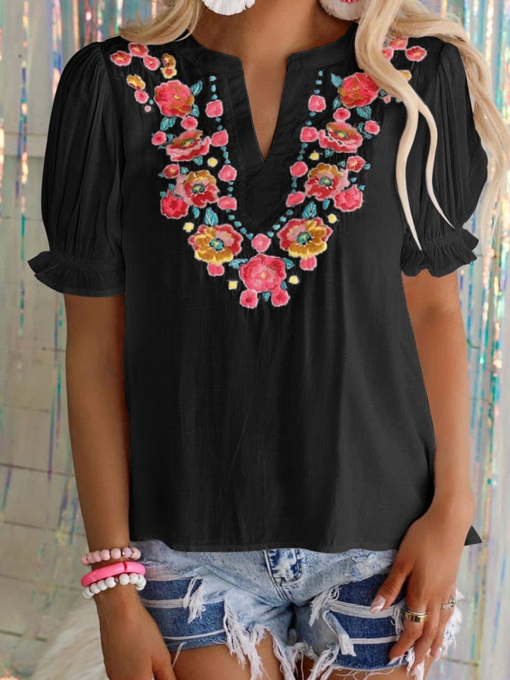 Floral Embroidered Split Neck Puff Sleeve Top