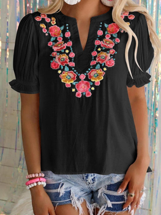 Floral Embroidered Split Neck Puff Sleeve Top