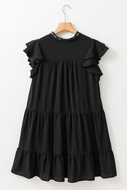 Floral Embroidered Tiered Ruffle Black Mini Dress