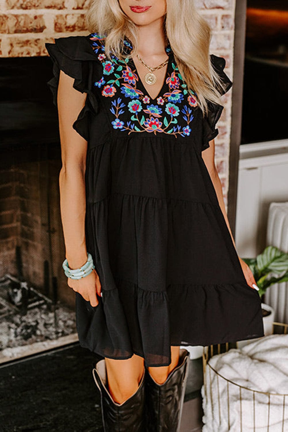 Floral Embroidered Tiered Ruffle Black Mini Dress