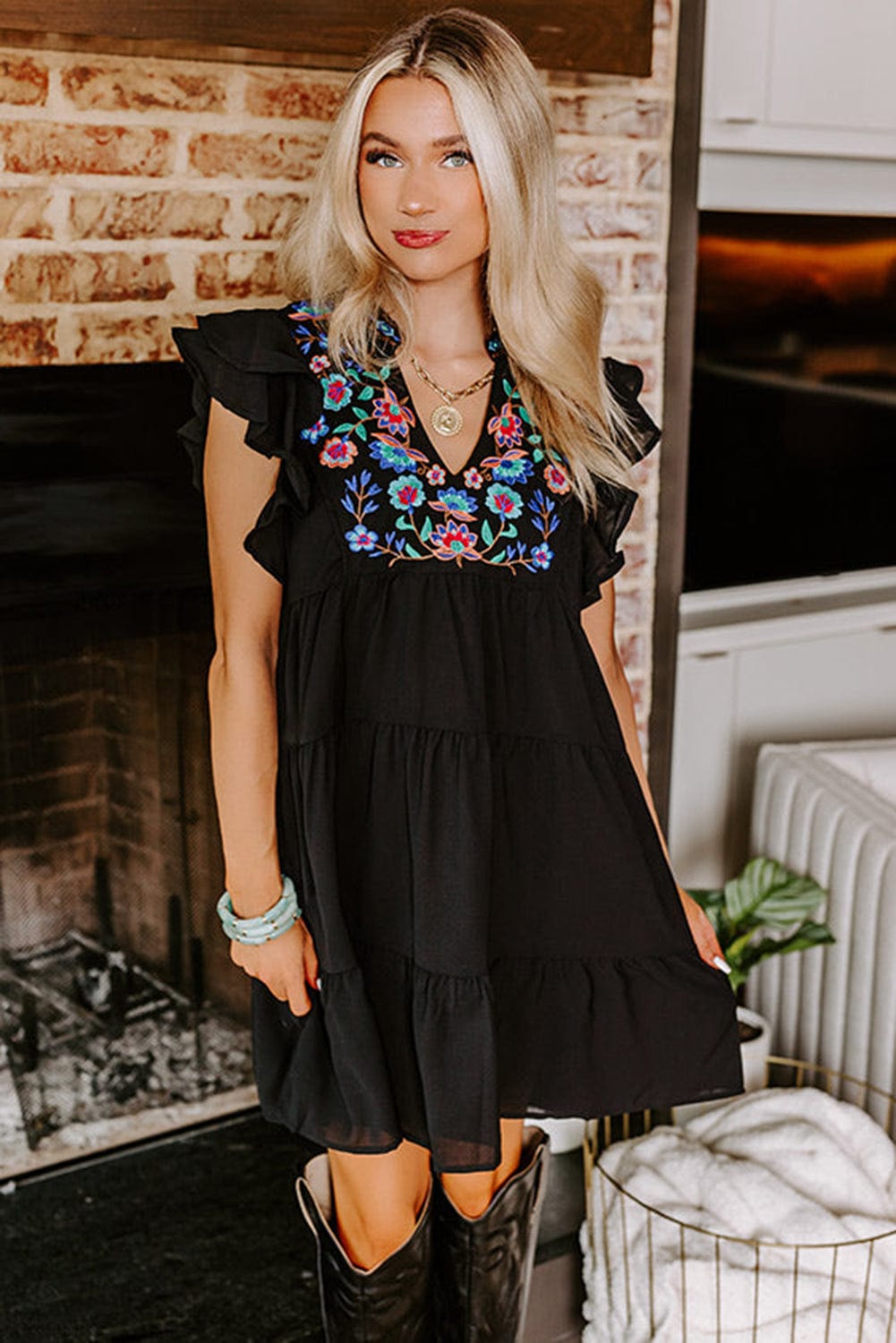 Floral Embroidered Tiered Ruffle Black Mini Dress