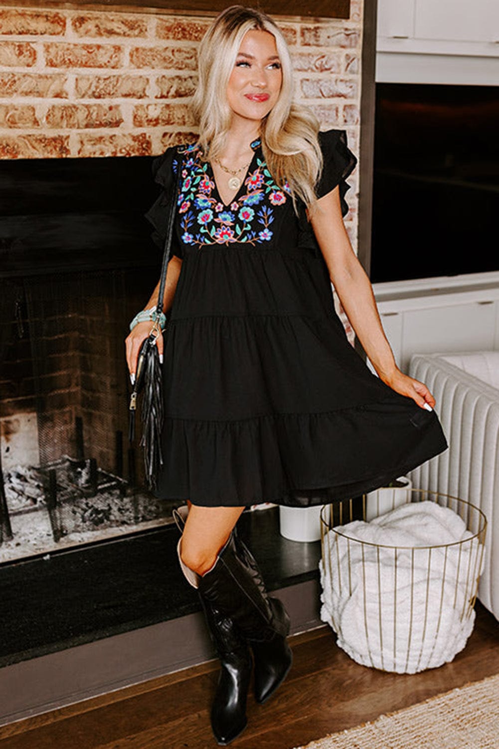 Floral Embroidered Tiered Ruffle Black Mini Dress