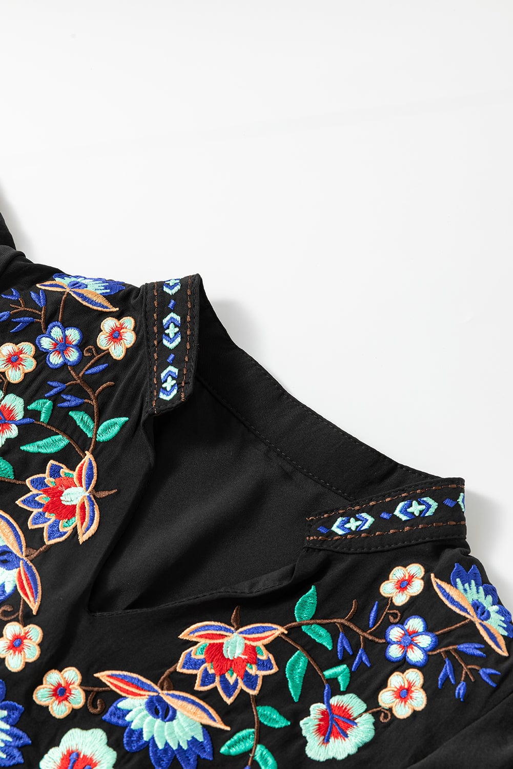 Floral Embroidered Tiered Ruffle Black Mini Dress