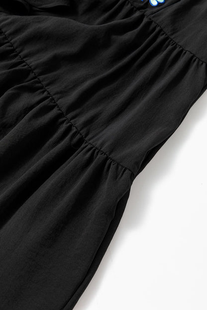 Floral Embroidered Tiered Ruffle Black Mini Dress