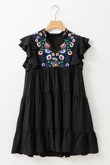 Floral Embroidered Tiered Ruffle Black Mini Dress