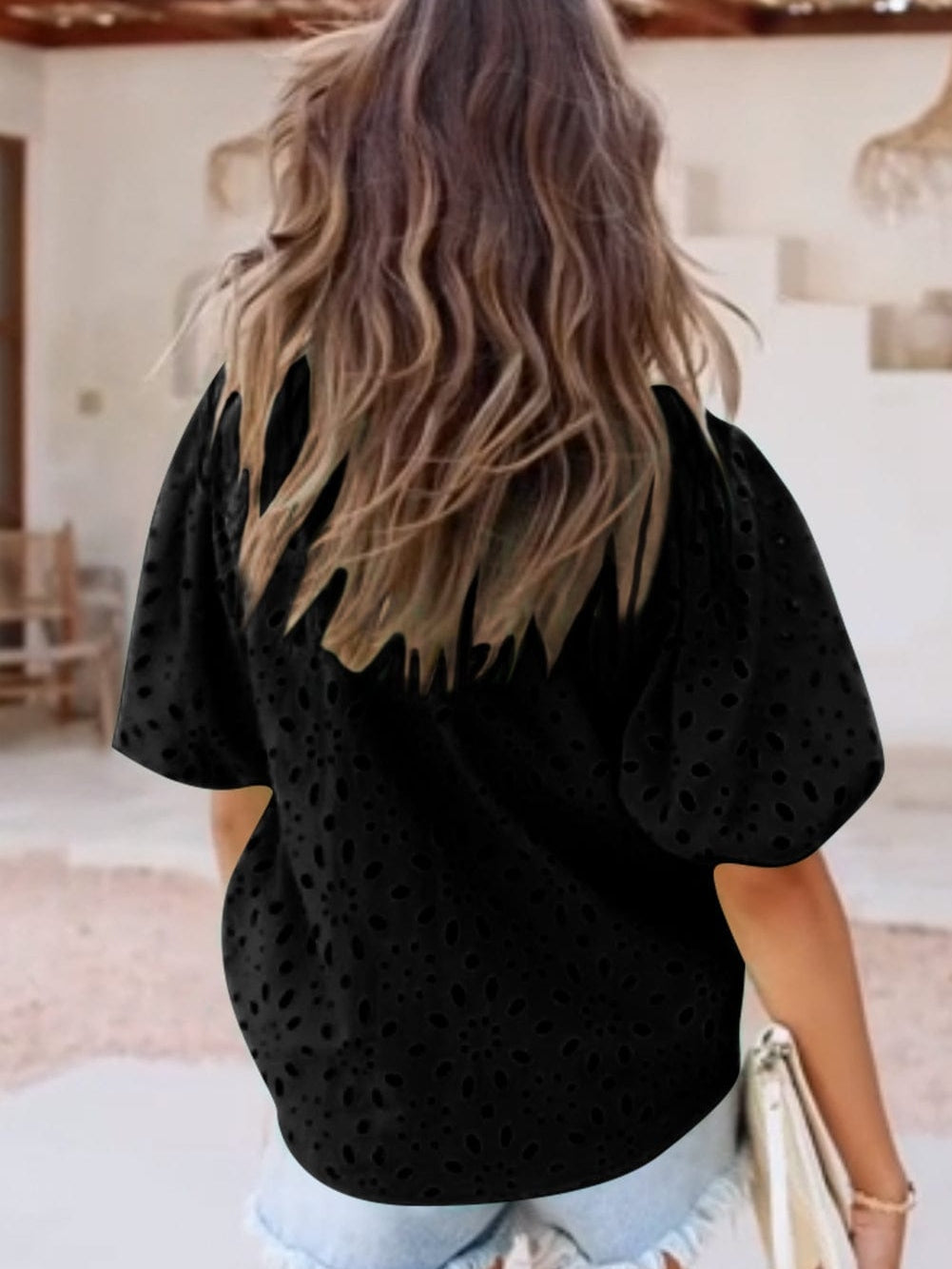 Floral Embroidered V-Neck Puff Sleeve Cut-Out Blouse