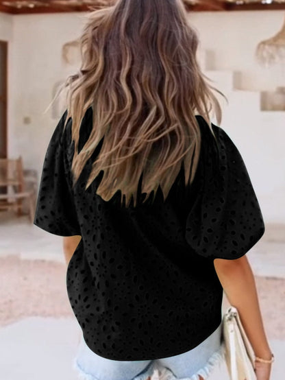 Floral Embroidered V-Neck Puff Sleeve Cut-Out Blouse