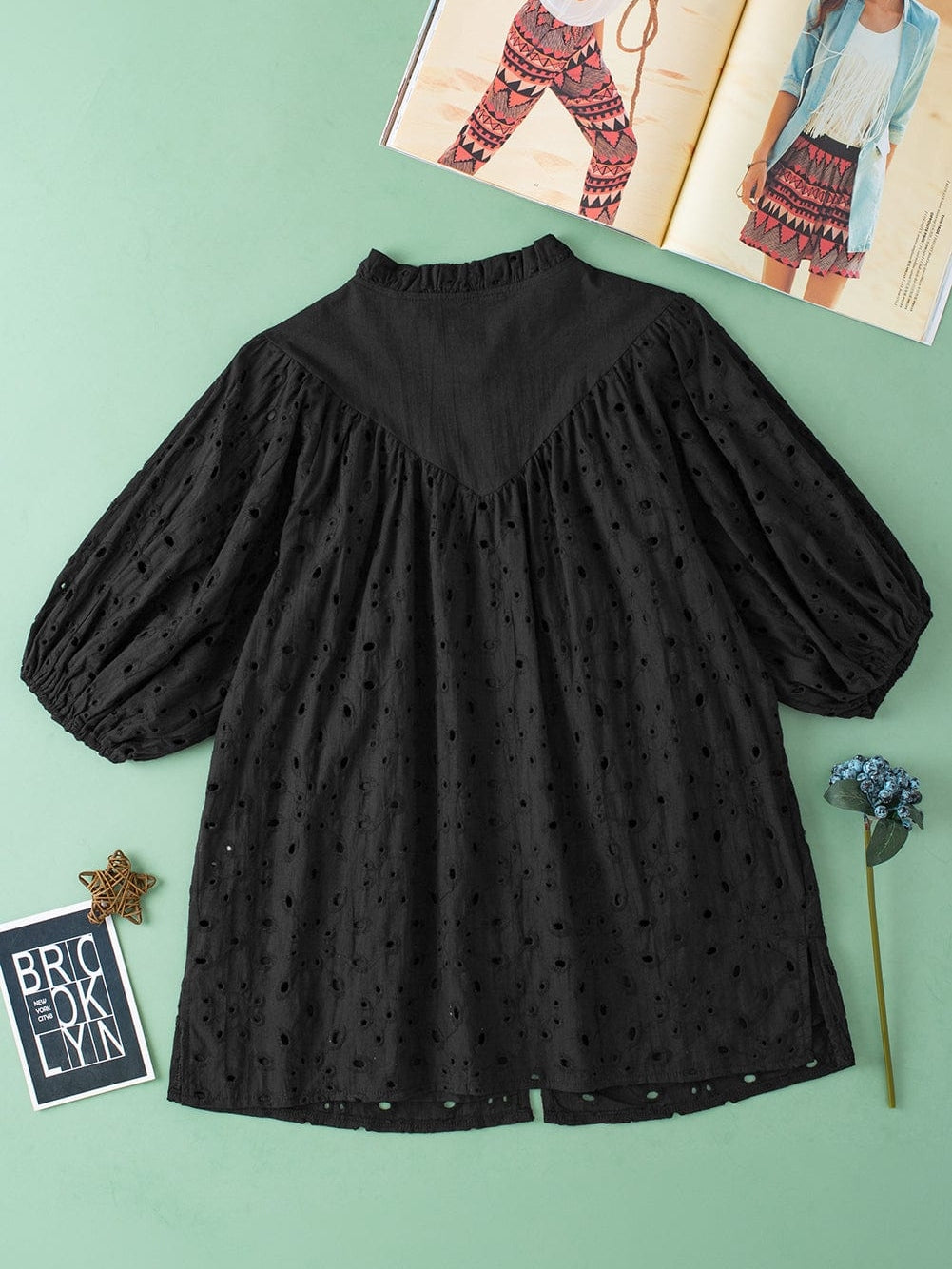 Floral Embroidered V-Neck Puff Sleeve Cut-Out Blouse