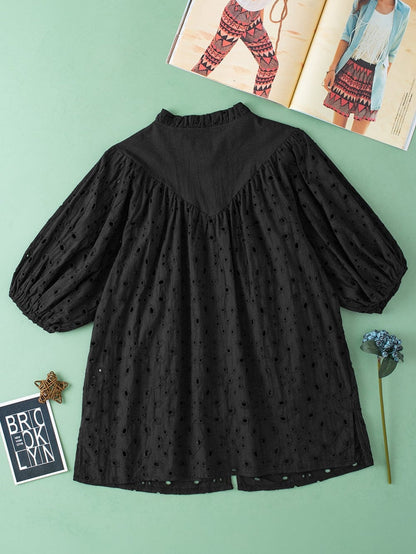 Floral Embroidered V-Neck Puff Sleeve Cut-Out Blouse