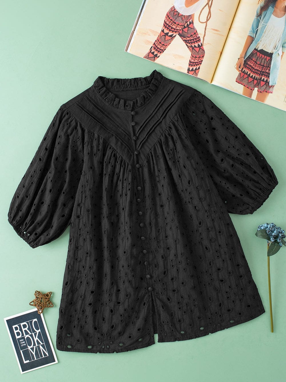 Floral Embroidered V-Neck Puff Sleeve Cut-Out Blouse