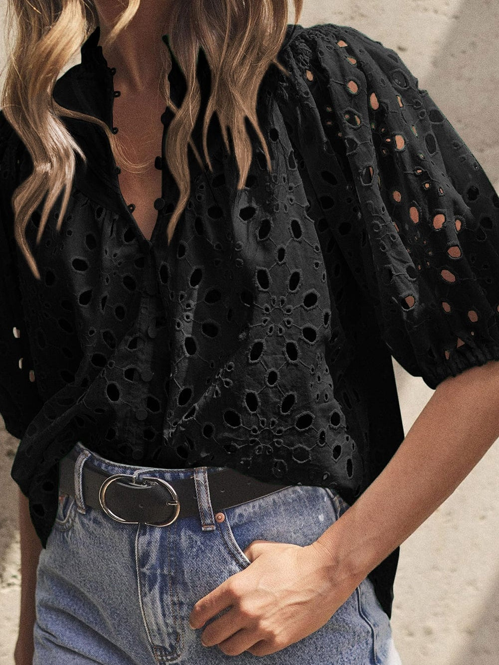 Floral Embroidered V-Neck Puff Sleeve Cut-Out Blouse