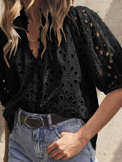 Floral Embroidered V-Neck Puff Sleeve Cut-Out Blouse