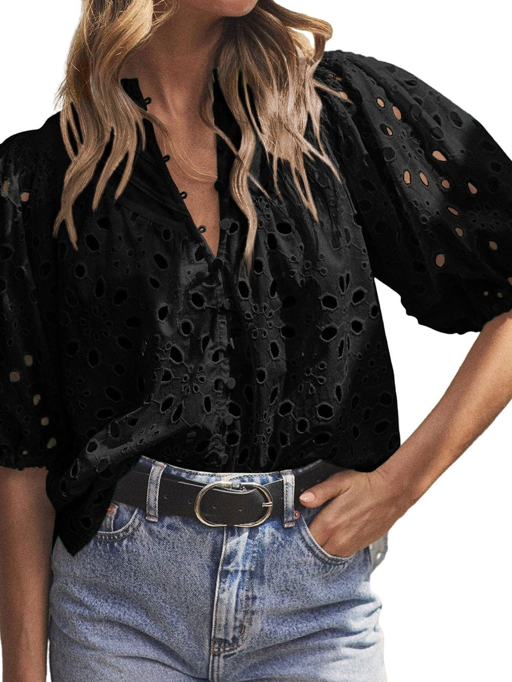 Floral Embroidered V-Neck Puff Sleeve Cut-Out Blouse