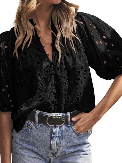 Floral Embroidered V-Neck Puff Sleeve Cut-Out Blouse