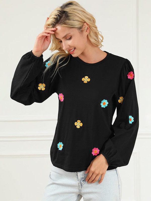 Floral Embroidery Long Sleeve Women's Pullover Casual T-Shirt with Round Neck