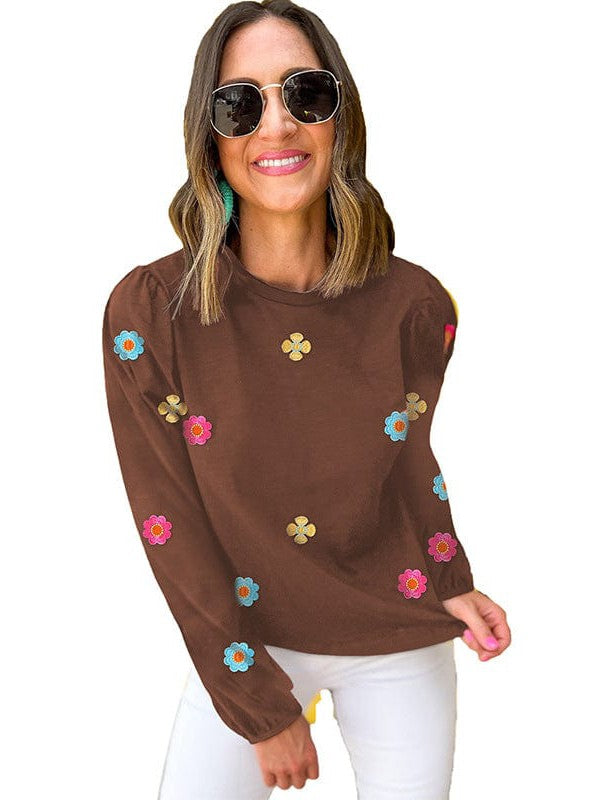 Floral Embroidery Long Sleeve Women's Pullover Casual T-Shirt with Round Neck