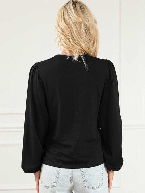 Floral Embroidery Long Sleeve Women's Pullover Casual T-Shirt with Round Neck