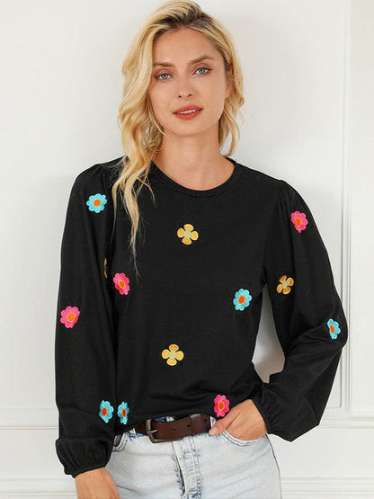 Floral Embroidery Long Sleeve Women's Pullover Casual T-Shirt with Round Neck