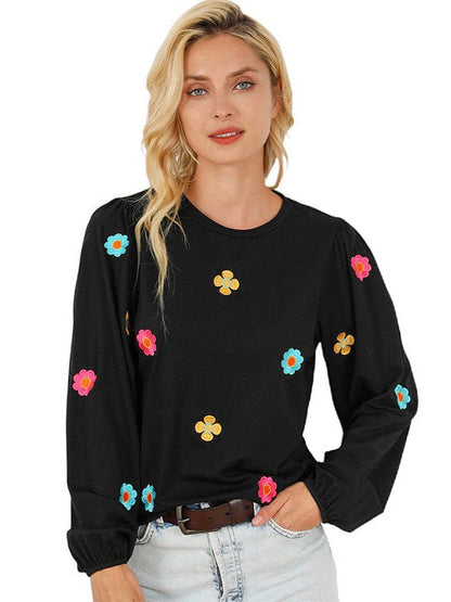 Floral Embroidery Long Sleeve Women's Pullover Casual T-Shirt with Round Neck