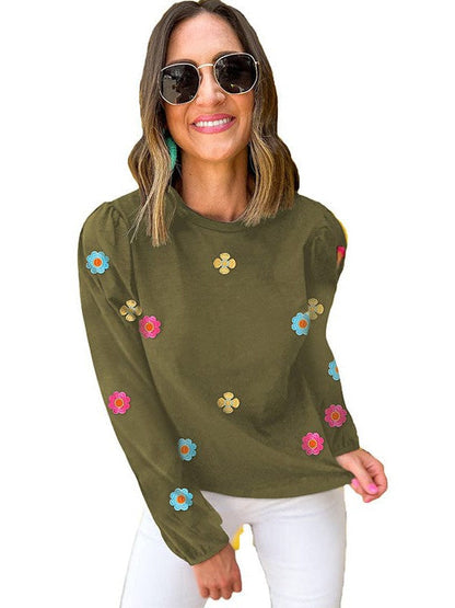Floral Embroidery Long Sleeve Women's Pullover Casual T-Shirt with Round Neck