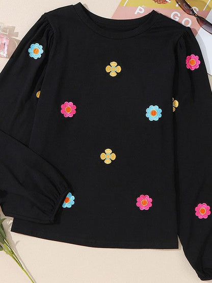 Floral Embroidery Long Sleeve Women's Pullover Casual T-Shirt with Round Neck