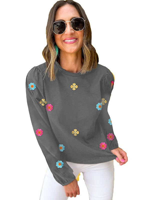 Floral Embroidery Long Sleeve Women's Pullover Casual T-Shirt with Round Neck