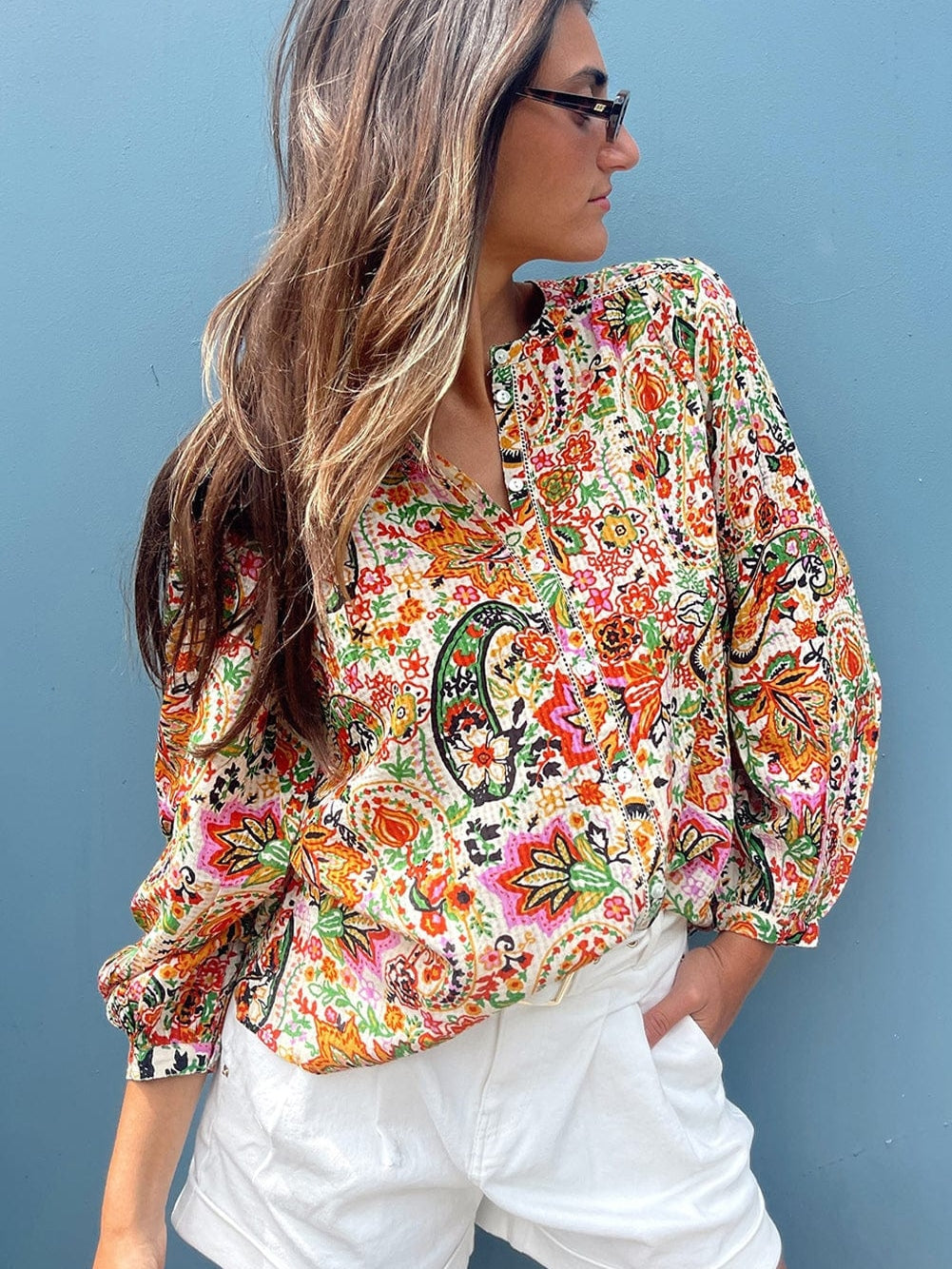 Floral Fantasy Lace Detail Puff Sleeve Button-Up Shirt