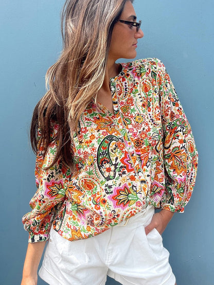 Floral Fantasy Lace Detail Puff Sleeve Button-Up Shirt