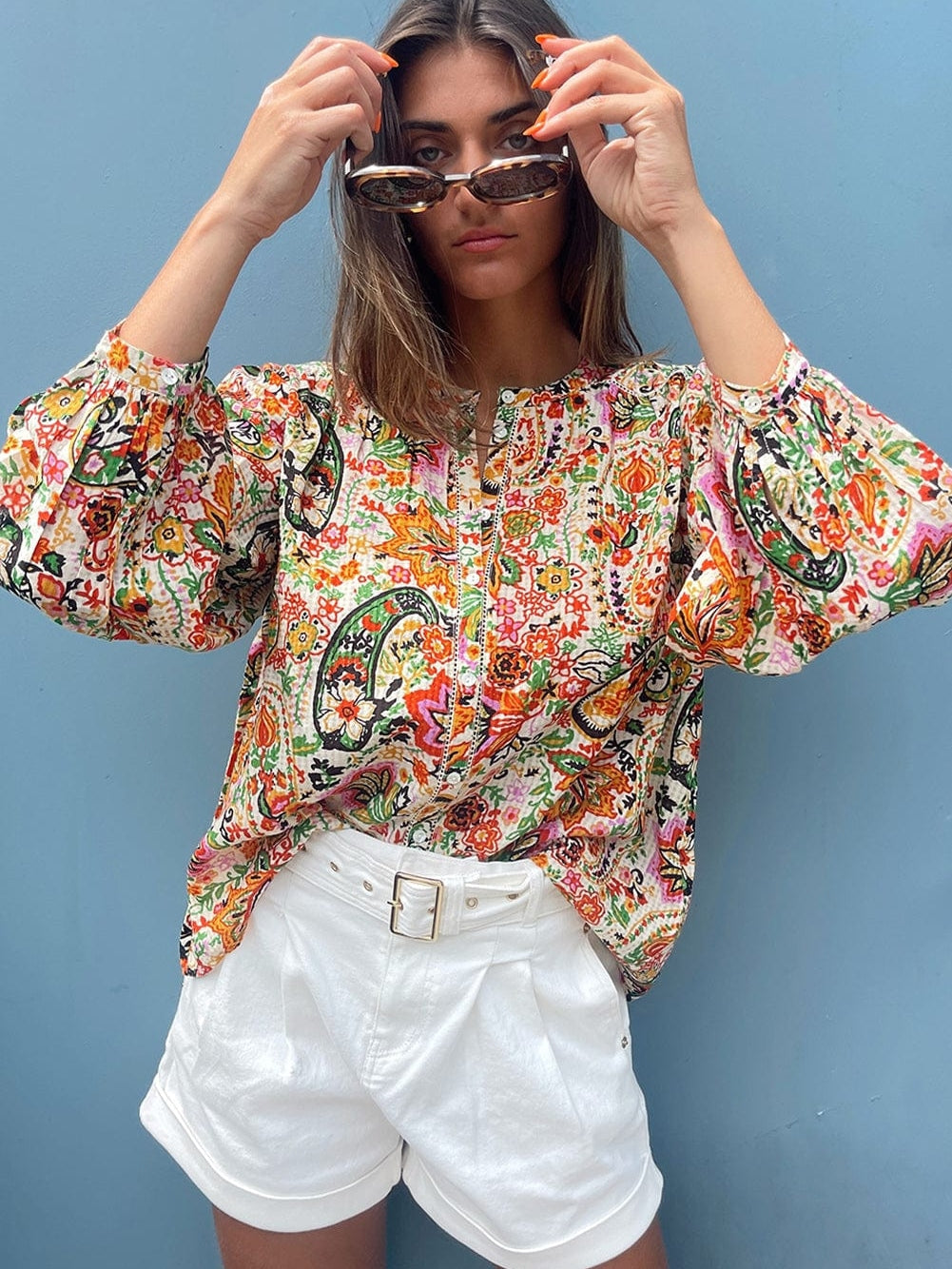 Floral Fantasy Lace Detail Puff Sleeve Button-Up Shirt