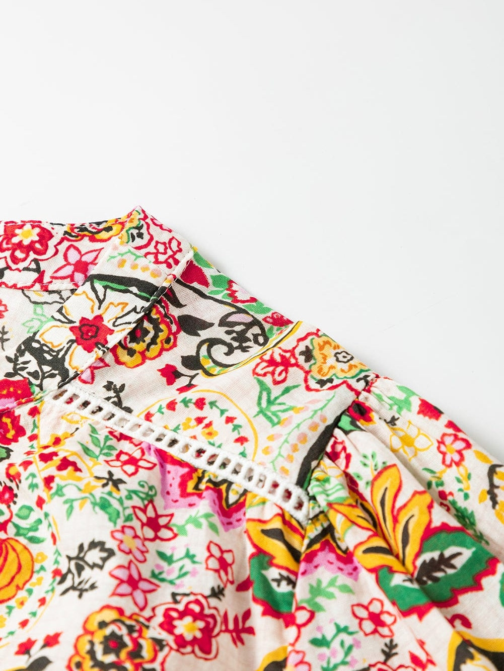 Floral Fantasy Lace Detail Puff Sleeve Button-Up Shirt