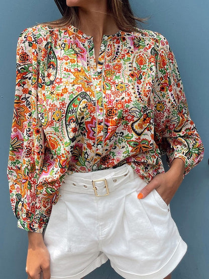 Floral Fantasy Lace Detail Puff Sleeve Button-Up Shirt