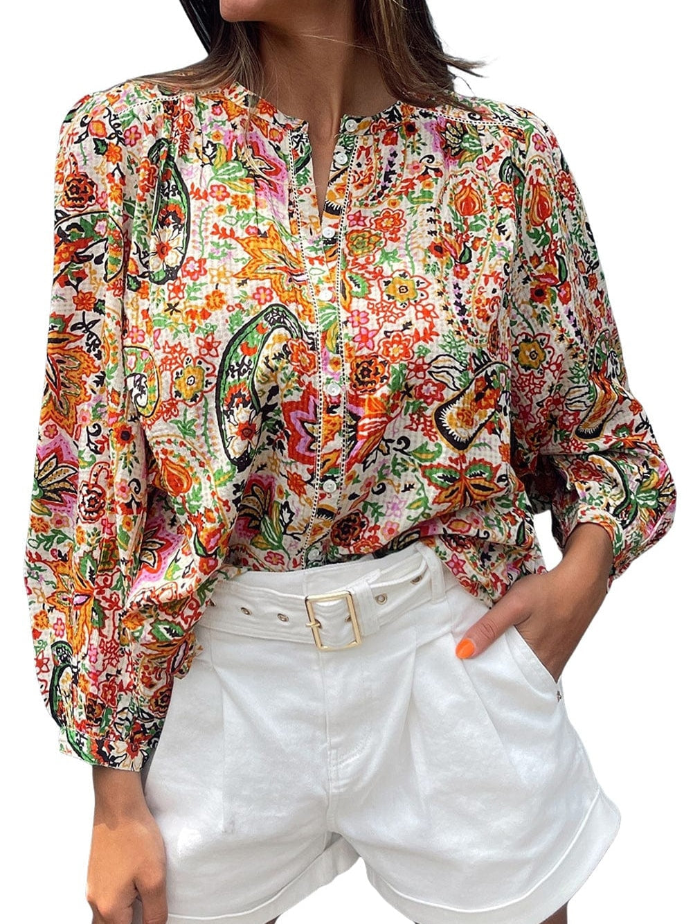Floral Fantasy Lace Detail Puff Sleeve Button-Up Shirt