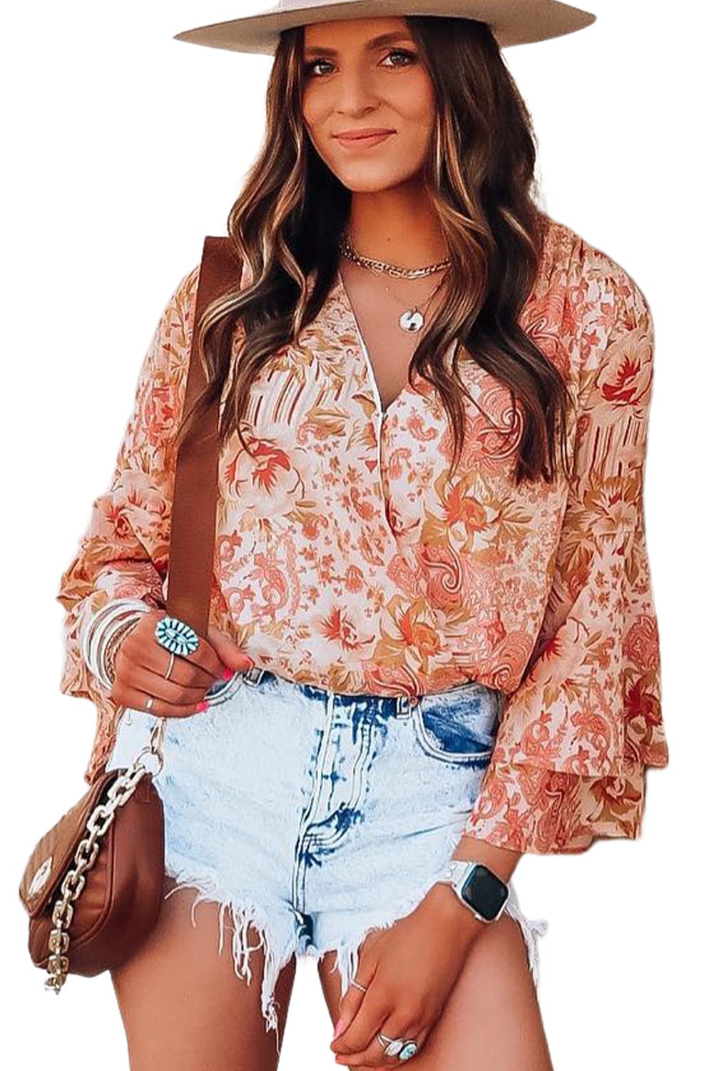Floral Fantasy Orange Ruffle Sleeve V-Neck Bodysuit