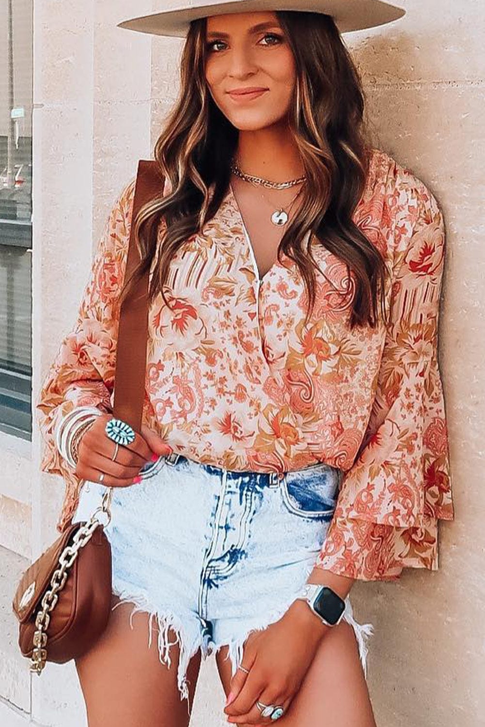 Floral Fantasy Orange Ruffle Sleeve V-Neck Bodysuit