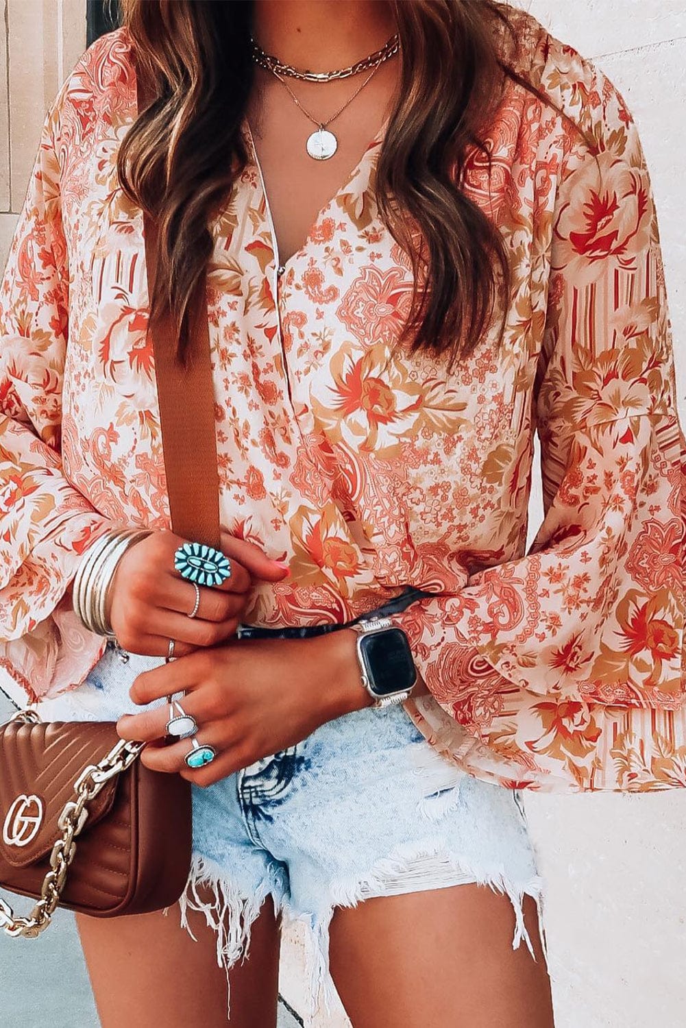 Floral Fantasy Orange Ruffle Sleeve V-Neck Bodysuit