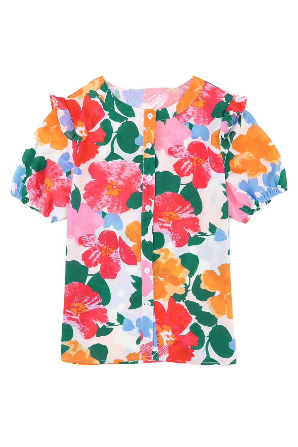 Floral Fantasy Puff Sleeve Blouse with Ruffle Detail