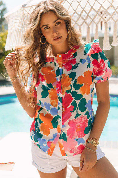 Floral Fantasy Puff Sleeve Blouse with Ruffle Detail