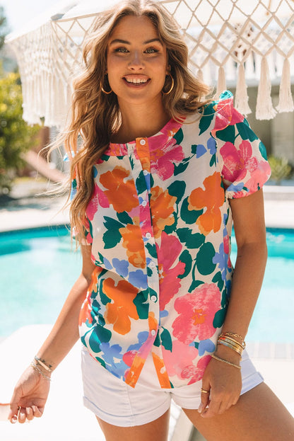 Floral Fantasy Puff Sleeve Blouse with Ruffle Detail
