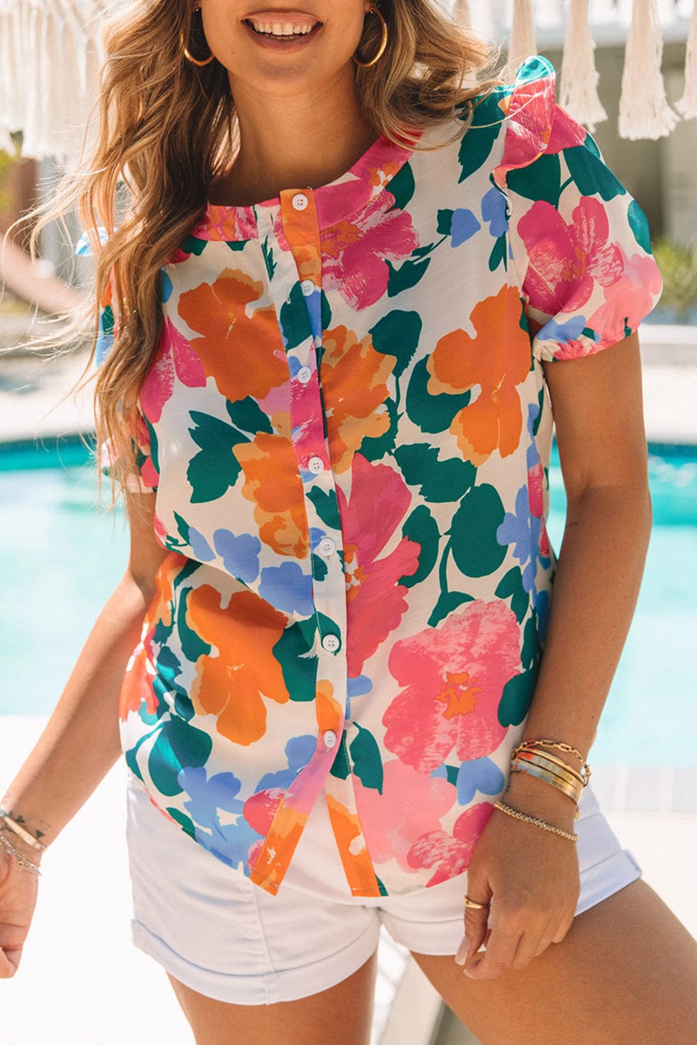 Floral Fantasy Puff Sleeve Blouse with Ruffle Detail