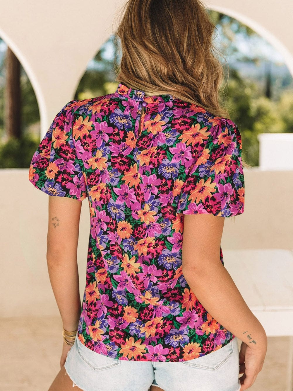 Floral Fantasy Round Neck Puff Sleeve Blouse