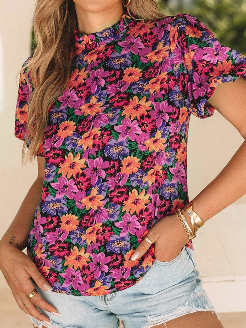 Floral Fantasy Round Neck Puff Sleeve Blouse