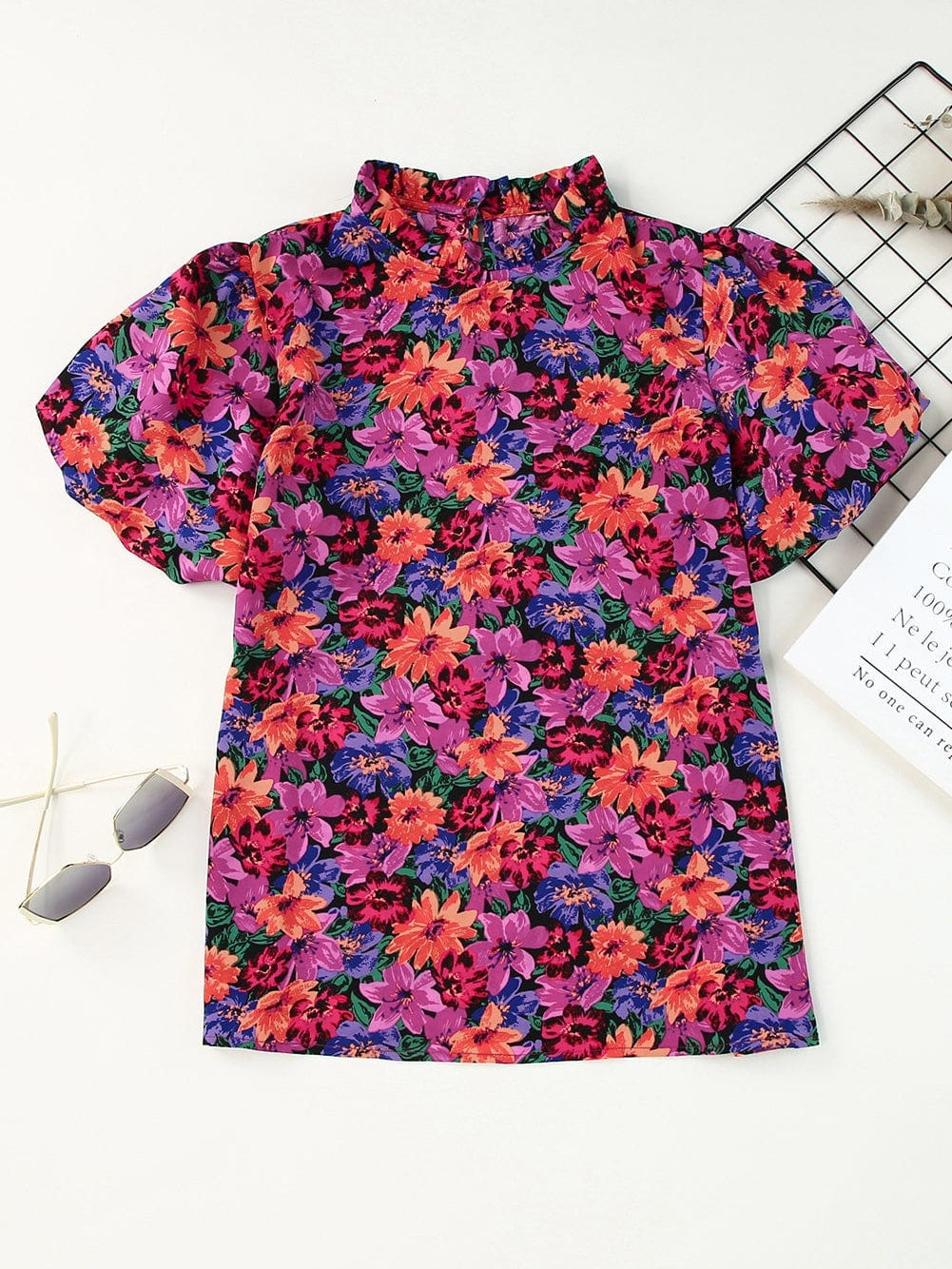 Floral Fantasy Round Neck Puff Sleeve Blouse