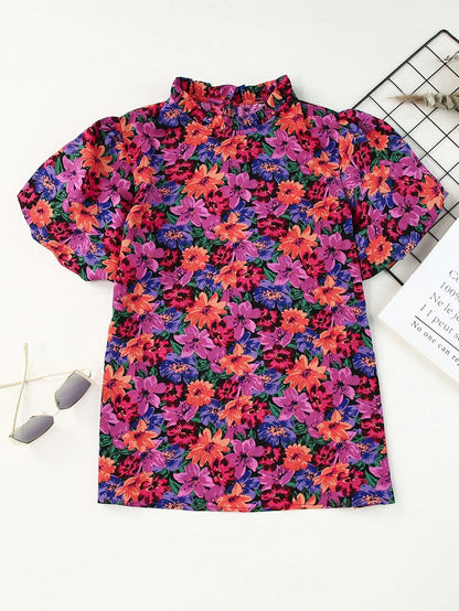 Floral Fantasy Round Neck Puff Sleeve Blouse