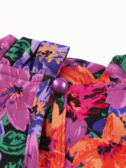 Floral Fantasy Round Neck Puff Sleeve Blouse